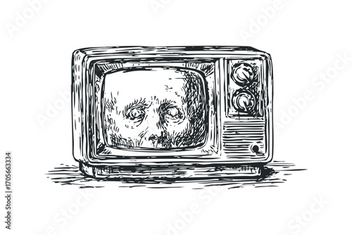 Vintage television set with human face displayed on screen,. Vector hand drawn illustration
