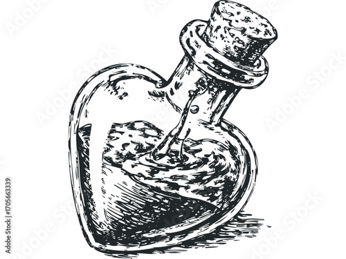 Heart shaped glass bottle with cork stopper and liquid inside. Vector hand drawn illustration