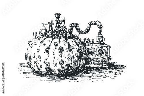 Whimsical steampunk pumpkin machine with pipes and gears on a white background. Vector hand drawn illustration