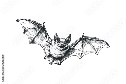 Hand drawn bat with wings spread on transparent background. Vector hand drawn illustration