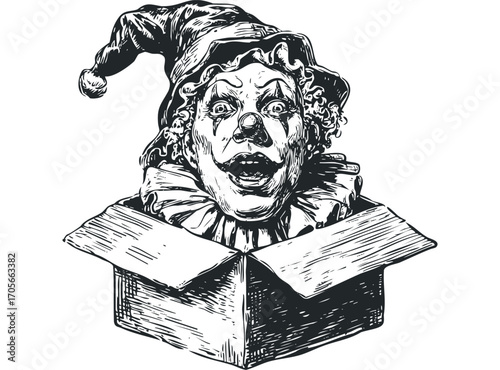 Screaming Jack in the Box Emerging from Open Cardboard Container. Vector hand drawn illustration