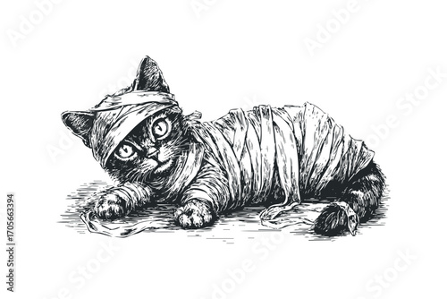 Cute kitten wrapped in bandages. Vector hand drawn illustration