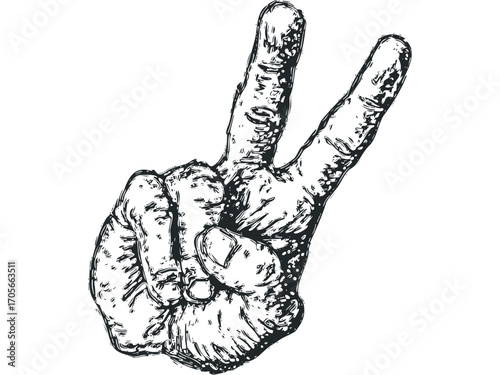 Distressed sketch of a hand with two fingers raised forming a peace sign. Vector hand drawn illustration