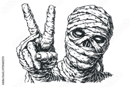 Scary mummy showing peace sign isolated on white. Vector hand drawn illustration