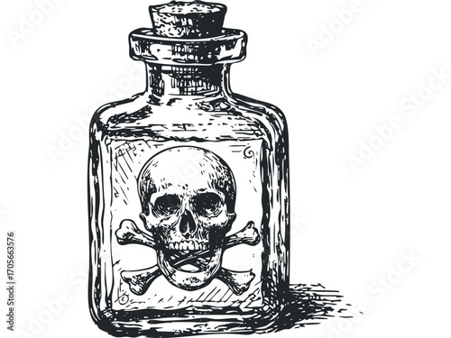 Antique poison bottle with skull and crossbones label. Vector hand drawn illustration