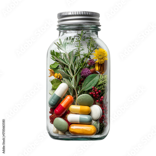 Glass jar filled with herbal supplements and capsules isolated on transparent background