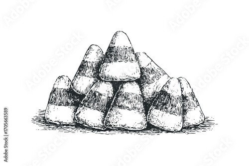 Pile of candy corn treat sketch on transparent background. Vector hand drawn illustration