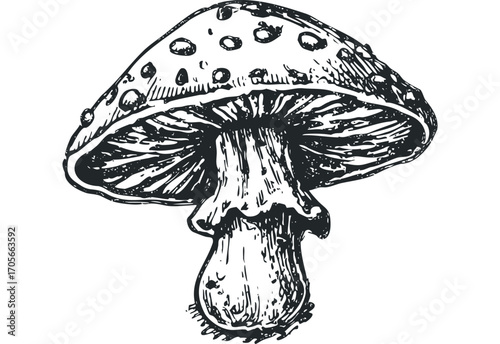 Detailed ink sketch of a spotted mushroom, isolated on a transparent background. Vector hand drawn illustration