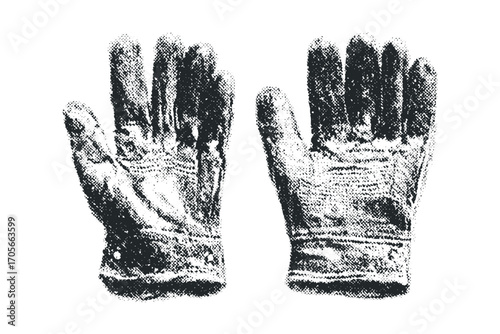 Pair of grunge textured work gloves isolated on white. Vector hand drawn illustration
