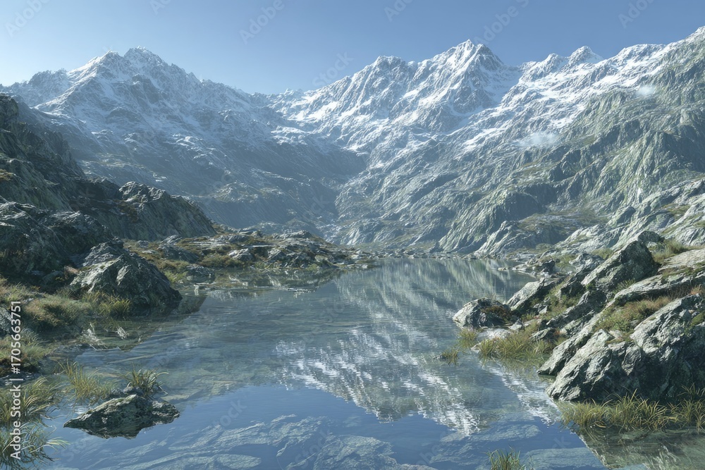 Fototapeta premium Mountain lake reflecting snowy peaks