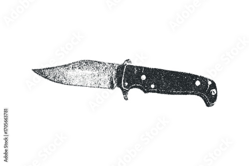 Sharp folding knife with textured dark handle and speckled blade. Vector hand drawn illustration