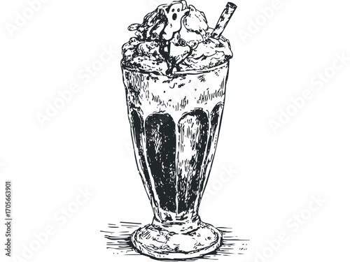 Sketch of a milkshake with whipped cream and straw. Vector hand drawn illustration