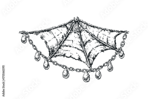 Hand Drawn Spider Web with Dangling Chains and Jewels. Vector hand drawn illustration