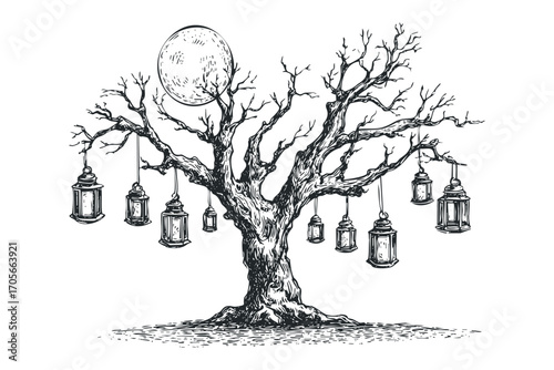 Halloween spooky tree with lanterns and full moon. Vector hand drawn illustration