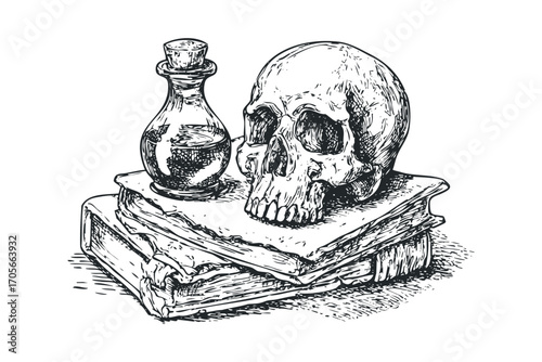 Sketch of a skull, vial, and books on a transparent background. Vector hand drawn illustration