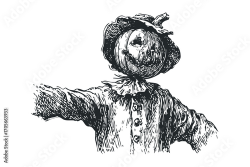 Scarecrow with pumpkin head and straw clothing. Vector hand drawn illustration