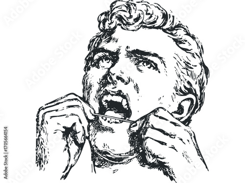 Man flossing teeth with white string,. Vector hand drawn illustration