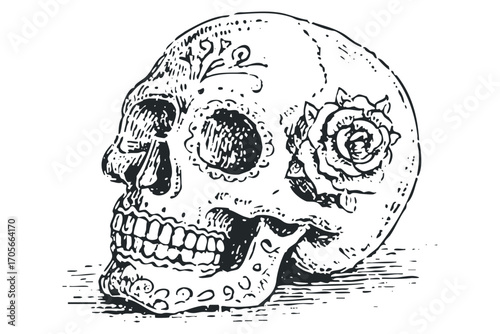 Ornate skull with rose detail. Vector hand drawn illustration
