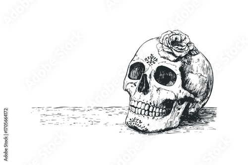 Sketch of Human Skull with Rose and Floral Ornament. Vector hand drawn illustration
