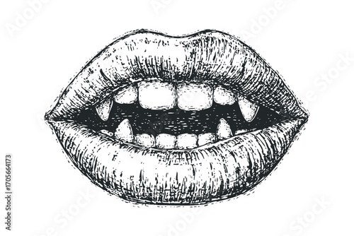 Pouty Lips with Sharp Fangs on Transparent. Vector hand drawn illustration