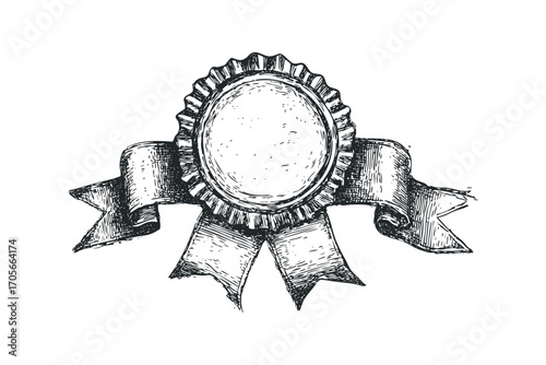Sketch of Circular Award Ribbon with Wavy Edges and Banner. Vector hand drawn illustration