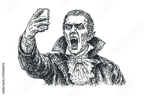 Vampire screams while taking a picture on transparent background. Vector hand drawn illustration