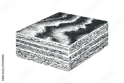 Textured geometric block with horizontal striations and speckled surface on transparent background. Vector hand drawn illustration
