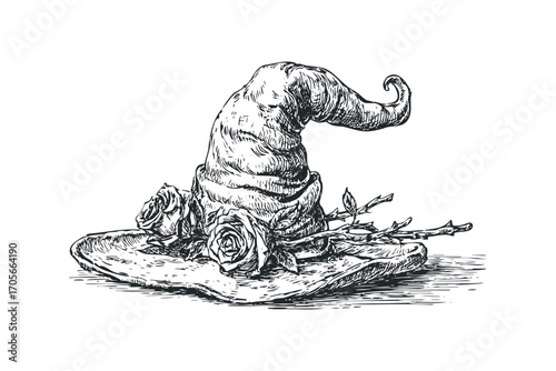 Witch hat with roses and branches on a transparent background. Vector hand drawn illustration