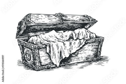 Antique wooden chest overflowing with crumpled fabric, transparent. Vector hand drawn illustration