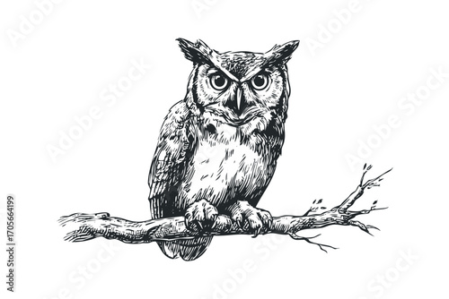 Detailed sketch of a great horned owl perched on a branch. Vector hand drawn illustration