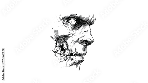 Zombie Head and Face Ink Sketch Walking Dead Hand