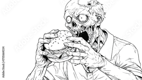 Zombie Eating Burger Ink Sketch - Walking Dead Fast Food Feast