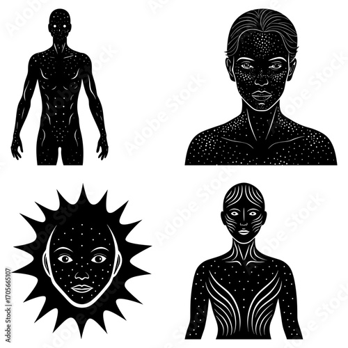 Four stylized black and white figures with astral projections and celestial body representation art