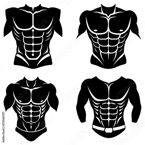 Four stylized black and white illustrations of muscular torsos with defined abdominal muscles shown