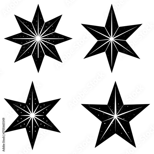 Illustration of four black star shapes with varying points and internal designs on a white background