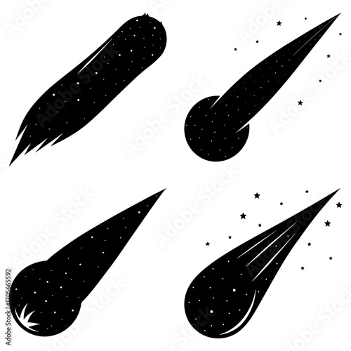 Collection of four black and white comet illustrations with varied tail designs and star details