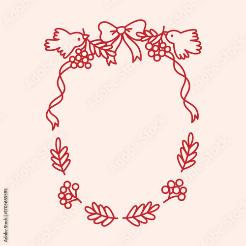 Birds holding ribbons. Autumn frame or wreath of bowknot, ribbons, leaves, and rowan berries. Fall holiday background. Vintage template for greeting card, invitation, social media