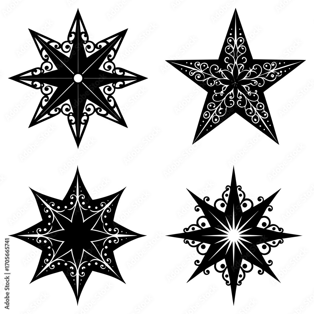 Obraz premium Four decorative black stars with varying points and ornate swirl designs on a white background image