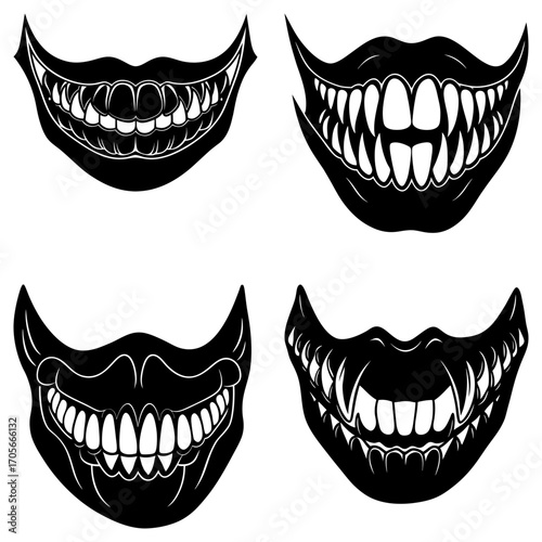 Four black and white illustrations of scary masks with sharp teeth and menacing smiles displayed together