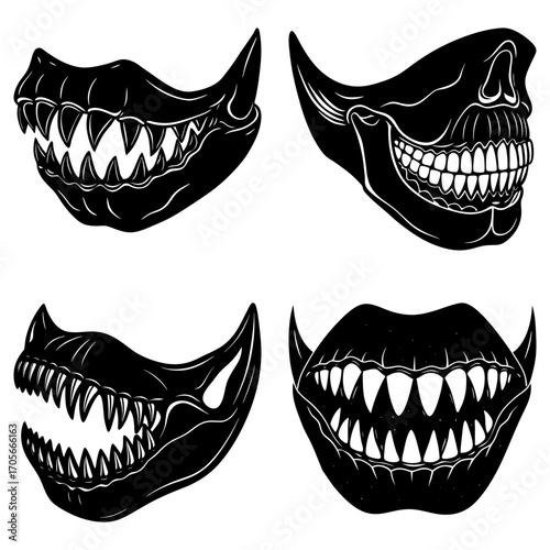 Collection of four black and white monster masks with sharp teeth and bone like structures displayed