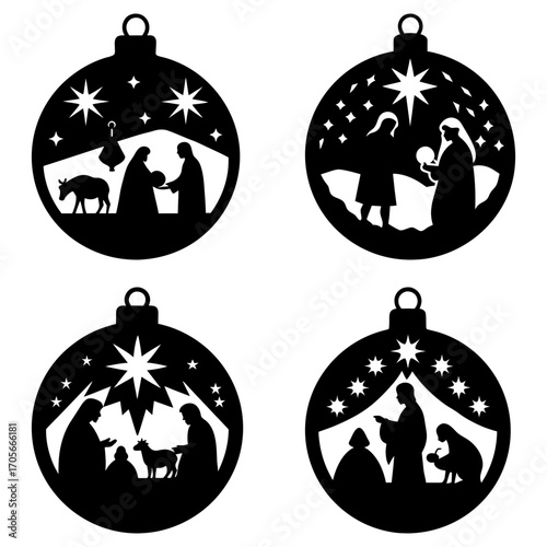 Four christmas ornament silhouettes depicting the nativity scene with stars and religious figures present