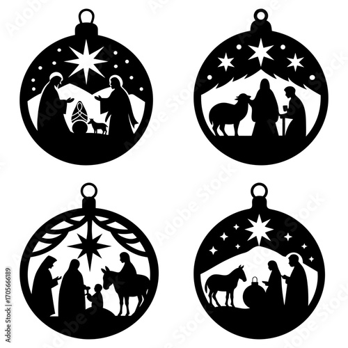 Four christmas ornament designs featuring nativity scenes in black silhouette style with stars and animals
