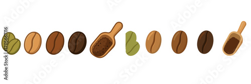 Assortment of coffee beans showing various roasting levels from raw green to dark brown with scoops of ground coffee