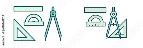 Collection of essential geometry and drafting tools including ruler protractor set square and compass for educational purposes
