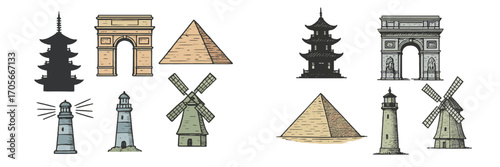 Iconic world landmarks and famous architectural structures in a vintage hand-drawn style for global travel themes