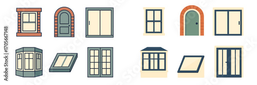 Architectural elements: a diverse collection of windows and doors in various styles for modern building design