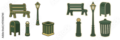 Collection of urban park and street furniture elements: bench, lamppost, mailbox, trash can, and bollard