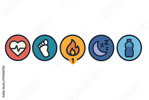 Health and wellness activity tracking symbols including heart, steps, calories, sleep, and hydration