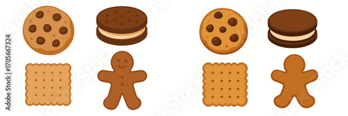 Assortment of delicious baked cookies and biscuits including chocolate chip, sandwich, and gingerbread man
