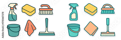 Set of essential household cleaning tools and supplies including spray bottle, sponge, brush, bucket, cloth, and squeegee for domestic hygiene
